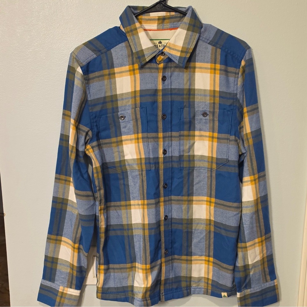 Lake & Trail Men's Flannel Plaid LS Button-Up Pockets S Blue/Tan/White #445
